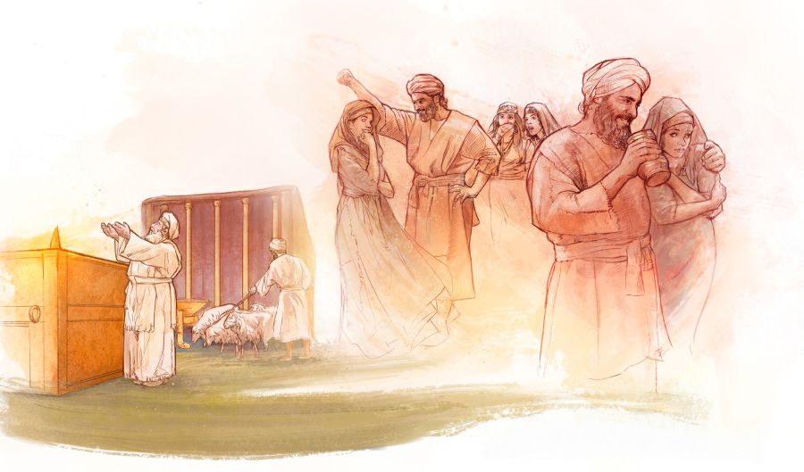 ਮਹਾਂ ਪੁਜਾਰੀ ਏਲੀ ਤੰਬੂ ਵਿਚ ਸੇਵਾ ਕਰਦਾ ਹੋਇਆ ਜਦ ਕਿ ਉਸ ਦੇ ਮੁੰਡੇ ਗ਼ਲਤ ਕੰਮ ਕਰਦੇ ਹੋਏ