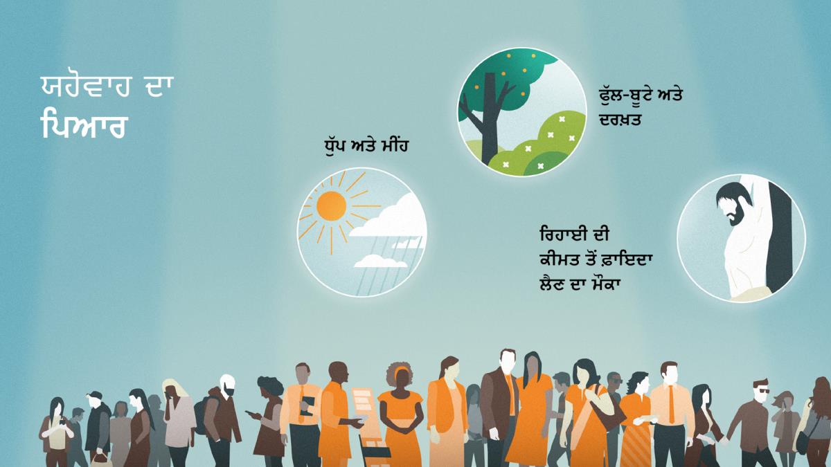 ਵੱਖੋ-ਵੱਖਰੇ ਪਿਛੋਕੜਾਂ ਅਤੇ ਉਮਰਾਂ ਦੇ ਲੋਕ। ਤਸਵੀਰਾਂ: ਯਹੋਵਾਹ ਦੇ ਪਿਆਰ ਦਿਖਾਉਣ ਦੇ ਤਰੀਕੇ। 1. ਧੁੱਪ ਅਤੇ ਮੀਂਹ। 2. ਫੁੱਲ-ਬੂਟੇ ਅਤੇ ਦਰਖ਼ਤ। 3. ਰਿਹਾਈ ਦੀ ਕੀਮਤ ਤੋਂ ਫ਼ਾਇਦਾ ਲੈਣ ਦਾ ਮੌਕਾ।
