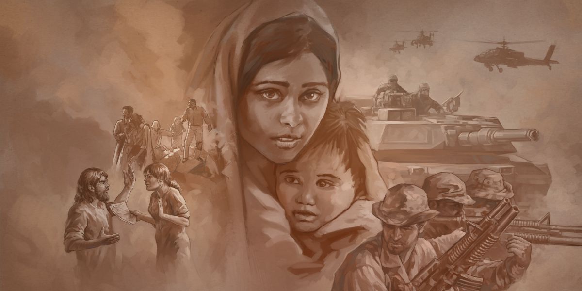 ਇਕ ਔਰਤ ਨੇ ਜੰਗ ਦੌਰਾਨ ਆਪਣੇ ਛੋਟੇ ਬੱਚੇ ਨੂੰ ਕੁੱਛੜ ਚੁੱਕਿਆ ਹੋਇਆ