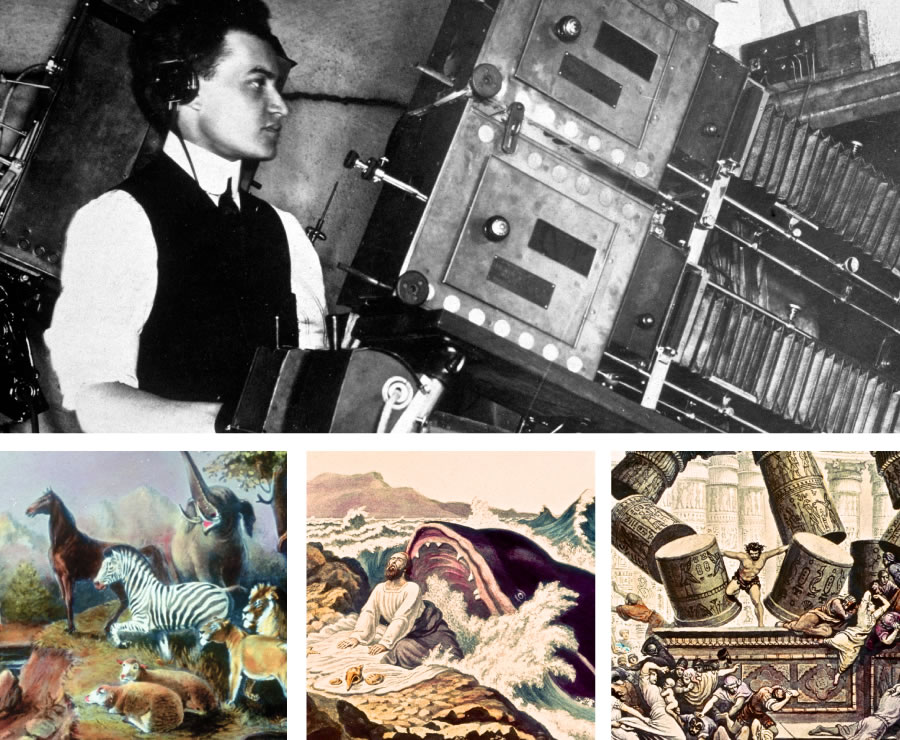 1. Say operator diad sakey a “Photo-Drama” projection booth; 2. Taloran kinoloran na lima ya glass slide ya inusar ed “Photo-Drama”