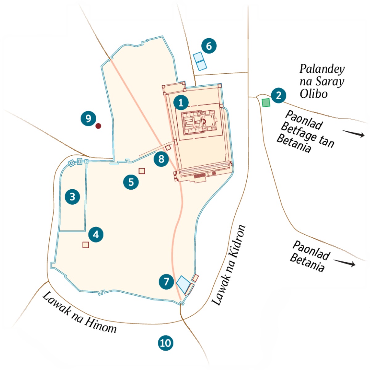 Mapa na Jerusalem tan say kaliberliber a pasen. Saray kabkabat tan posiblin lokasyon. 1. Templo. 2. Hardin na Getsemani. 3. Palasyo na Gobernador. 4. Abung nen Caifas. 5. Palasyo ya inusar nen Herodes Antipas. 6. Tiponay Danum na Bethzatha. 7. Tiponay Danum na Siloam. 8. Korte na Sanhedrin. 9. Golgotha. 10. Akeldama.