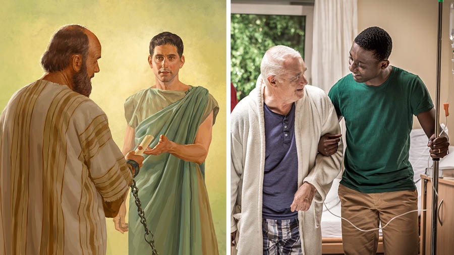 Collage: Say napanmatalkan ya kaaro et ontutulong ed saray ondadalan ed subok. 1. Idederew nen apostol Pablo ed si Tiquico so sulat ya ginawa to legan ya akapriso. 2. Ugaw nin brother ya tutulongan to so masiken lan brother diad ospital.