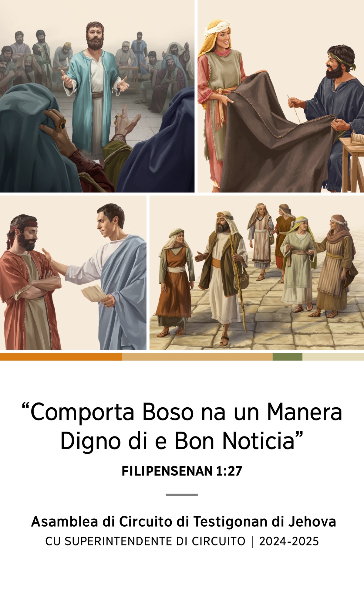Coleccion di Plachi: 1. Esteban ta defende su fe dilanti di Corte Supremo Hudiu. 2. Akila i Priscila ta traha tent hunto. 3. Felipe, su esposa i nan cuater yiu muhernan ta cana riba un caminda. 4. Tito ta cana hunto cu un anciano.