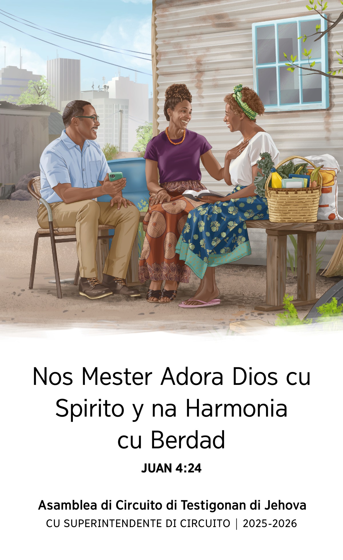Un ruman muher cu ta biba den un cas simpel den un stad grandi ta hayando animacion for di Bijbel for di un pareha cu ta testigo di Jehova. E pareha a trece cuminda y otro provision pa e ruman.
