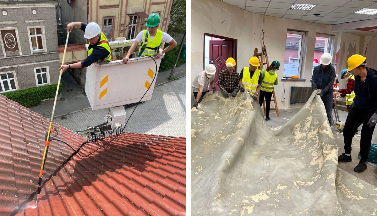 Collage: 1. Dos ruman homber para den un boom lift ta power wash e dak di un Salon di Reino. 2. Den e mesun Salon di Reino, rumannan ta ranca kita un tapijt bieu.