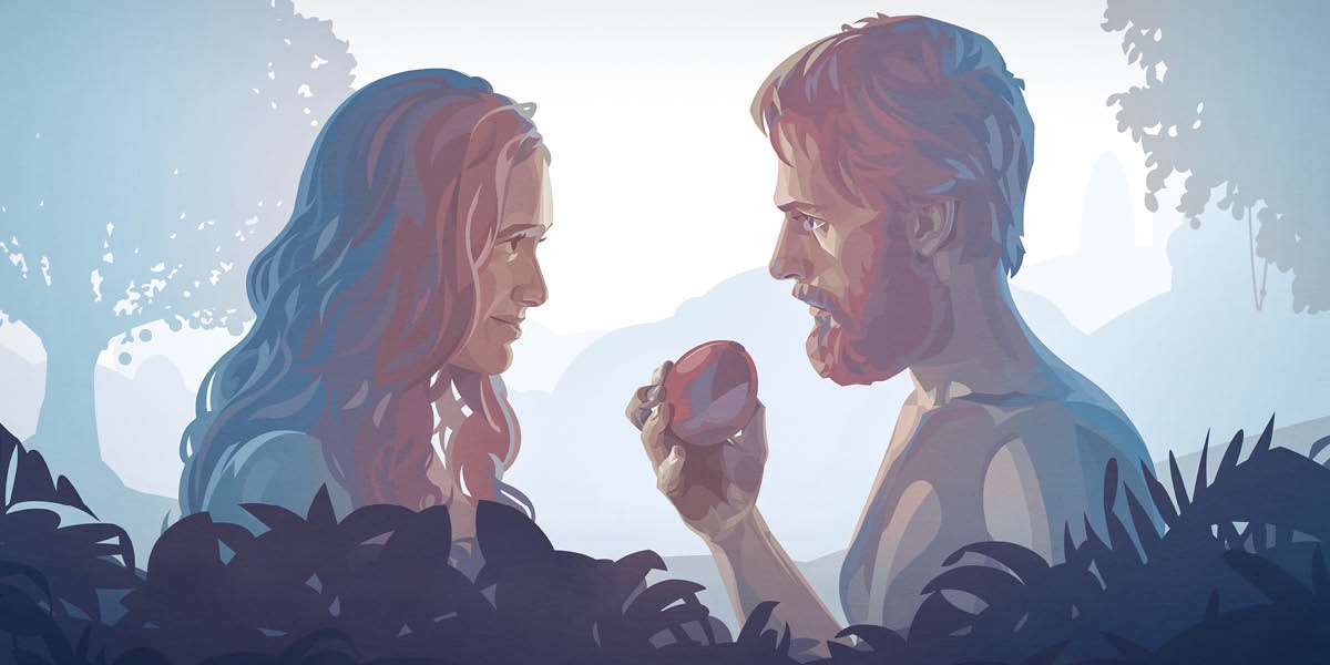 Adam y Eva ta wak otro den e hofi mientras Adam tin e fruta den su man.