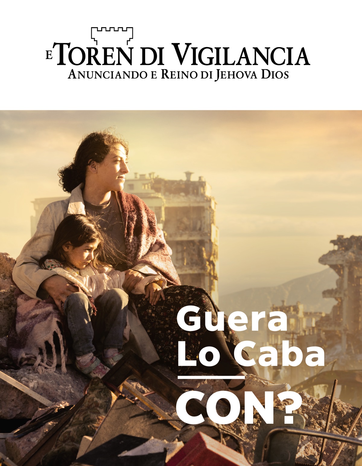 Un señora ta pone su brasa rond di su yiu muher chikito. Nan ta sinta riba ruina di un stad cu a ser destrui pa motibo di guera. Rond di nan, tin edificio cu a ser destrui.