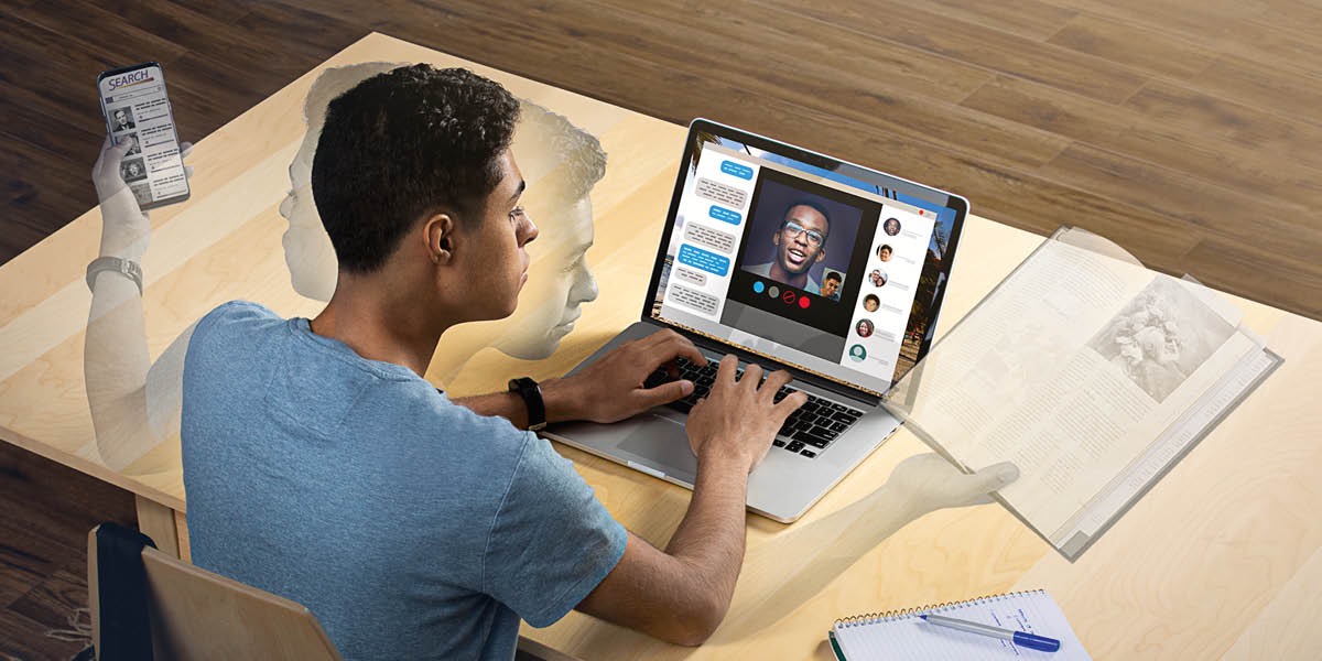Un mucha hòmber ta hasi vários kos pareu: E ta papia ku su amigu via video call; e ta lesa informashon den un buki i e ta usa su telefòn pa buska informashon riba Internet.