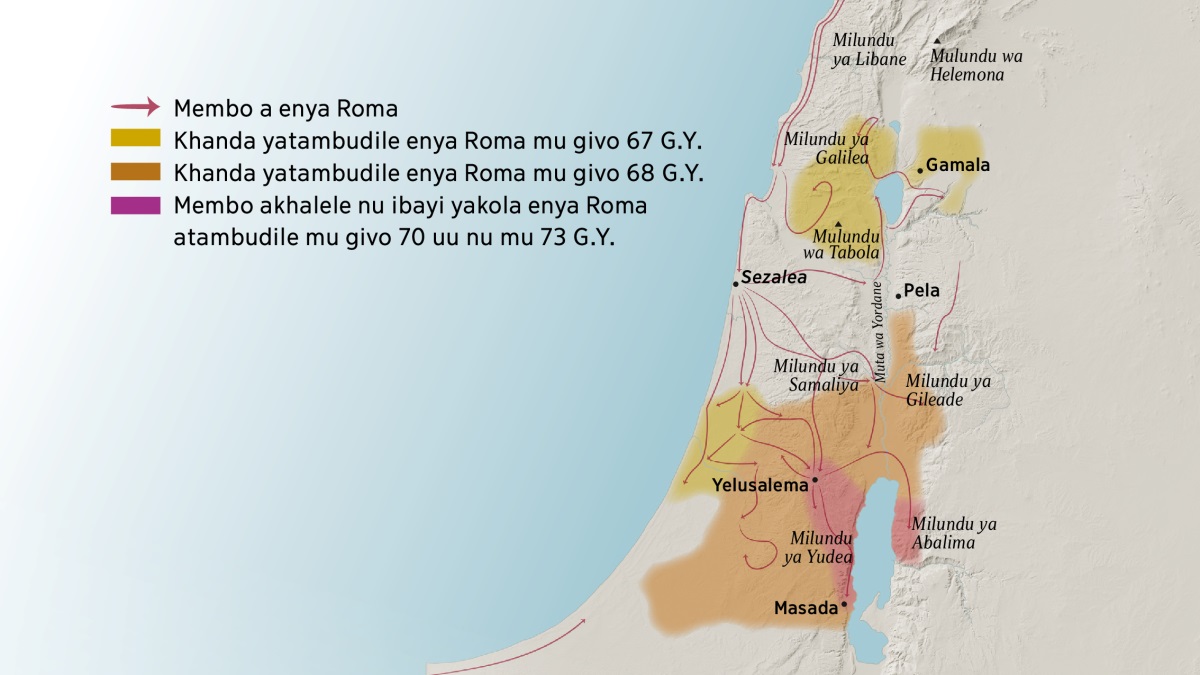 Karte gadi mumonesa milundu nu membo ako a gu Isalele mu siekle ya thomo. Gu khanda ya nord ya Yelusalema guakhalele nu milundu eyi: mulundu wa Libane, wa Galilea, wa Samaliya, wa Gileade, nu Mulundu wa Helemona nu wa Tabola. Membo awa: Gamala, Sezarea nu Pela akhalele nji gu khanda yene imoshi. Gu khanda ya sud ya Yelusalema guakhalele nu mulundu wa Yudea nu wa Abalima, guakhalele nji nu dimbo dia Masada. Karte gene gadi nji mumonesa njila jia membo a enya Roma nu membo atambudile ene gudi enya Yuda sendese mu givo 67 uu nu mu givo 73 Gungima dia Guvualewa gua Yesu.