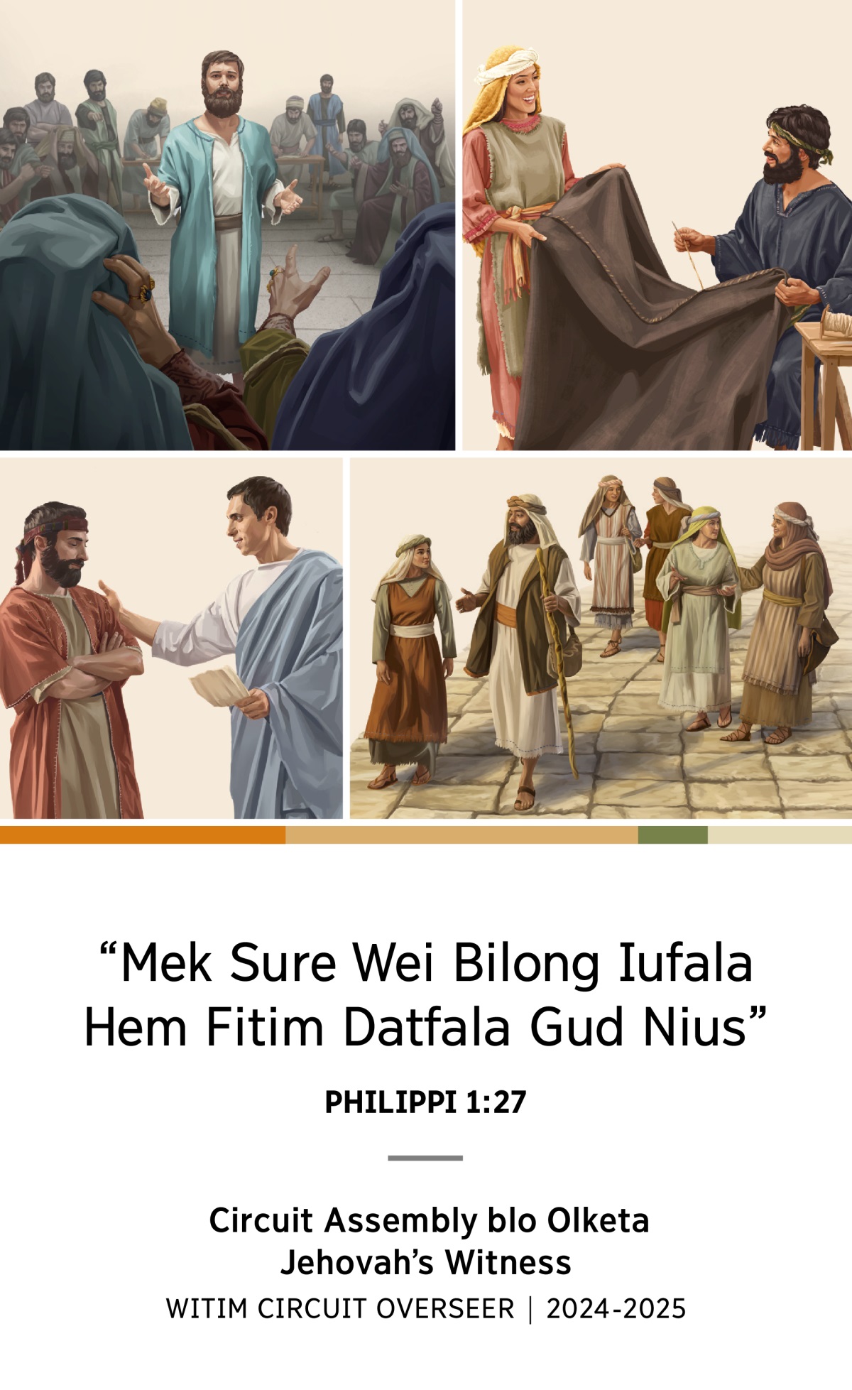 Olketa piksa: 1. Stephen defendim faith blo hem front lo Sanhedrin. 2. Aquila and Priscilla wakem tent tugeta. 3. Philip, waef blo hem, and fofala dota blo tufala, olketa wakabaot followim road. 4. Titus story witim wanfala elder.