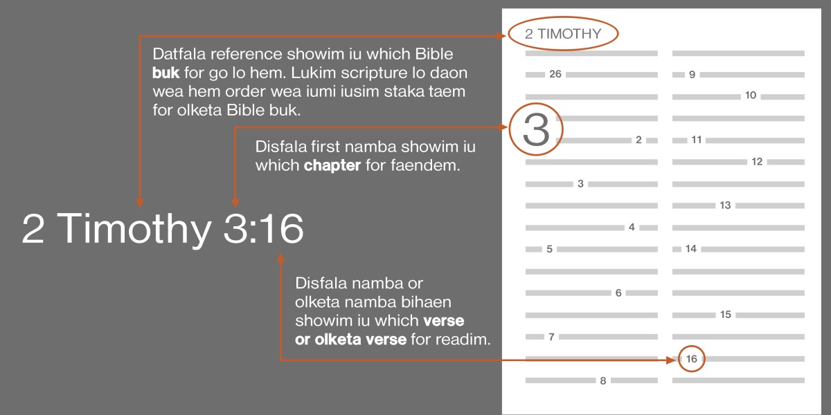 Hao for faendem olketa Bible verse, iusim 2 Timothy 3:16 olsem example. Datfala reference bae talem iu which Bible buk for go lo hem, example hem buk blo 2 Timothy (lukim list lo daon wea showim olketa Bible buk stap followim order). First namba talem iu which chapter for go lo hem, olsem chapter 3. Olketa namba bihaen talem iu which verse for readim, olsem verse 16.