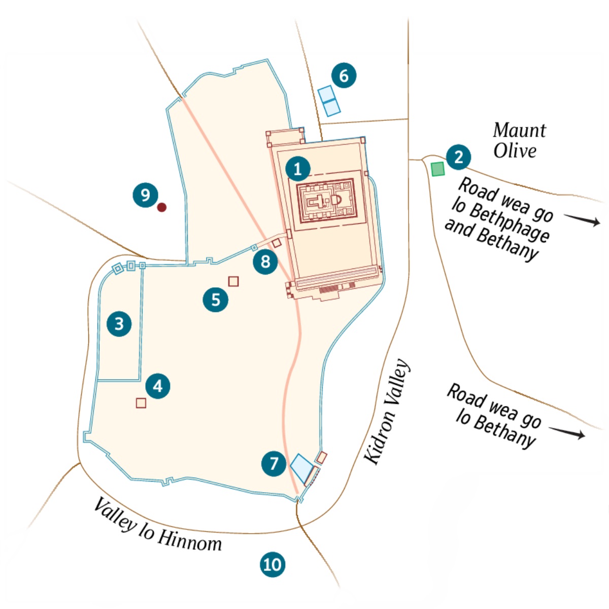 Wanfala map blo Jerusalem and olketa area raonem. List blo olketa location wea pipol savve and wea maet stap. 1. Temple. 2. Garden lo Gethsemane. 3. Palace blo Governor. 4. Haos blo Caiaphas. 5. Palace wea Herod Antipas savve stap lo hem. 6. Pool lo Bethzatha. 7. Pool lo Siloam. 8. Sanhedrin Hall. 9. Golgotha. 10. Akeldama.