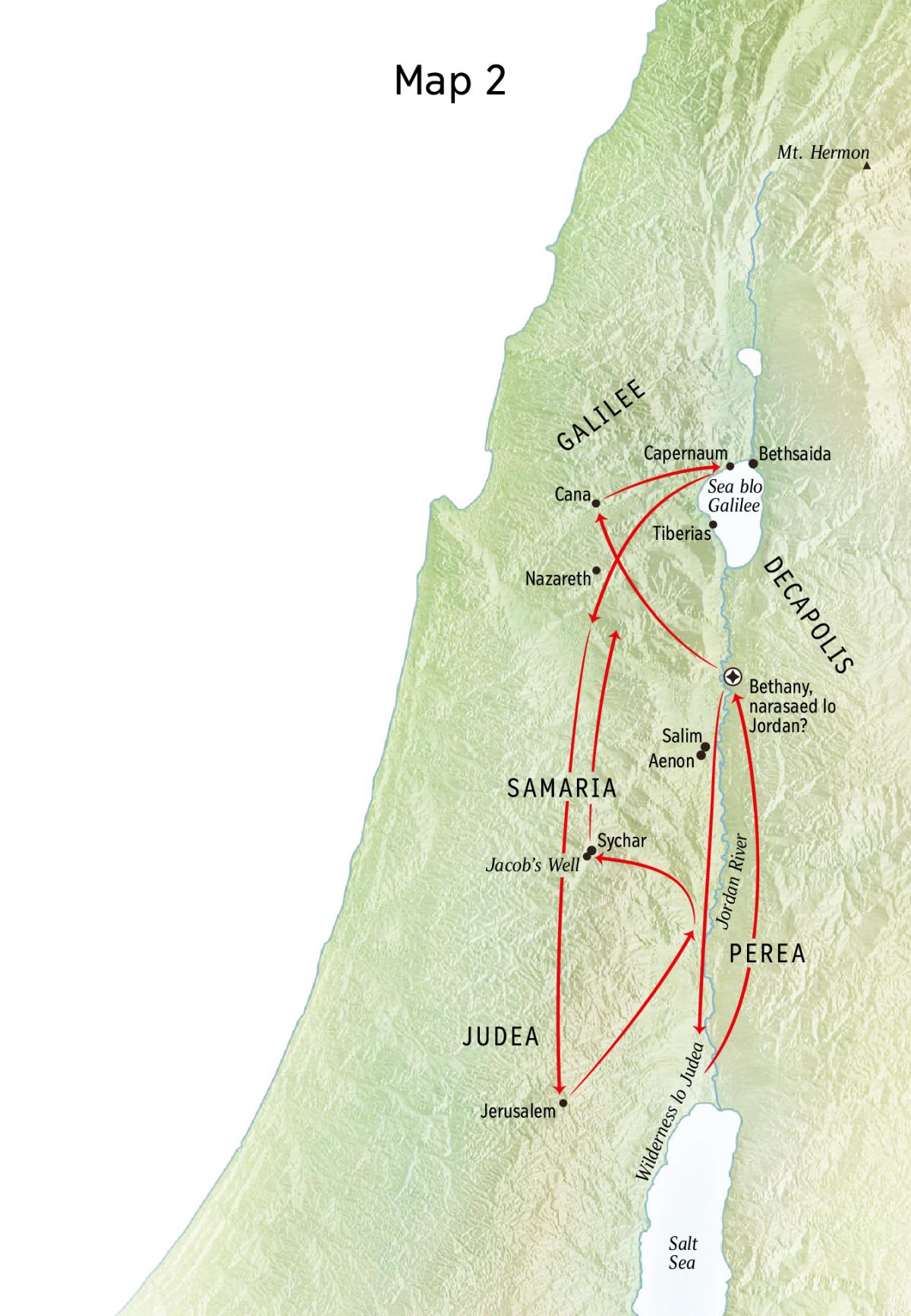 Map blo olketa ples wea storyim laef blo Jesus witim tu Jordan River and Judea