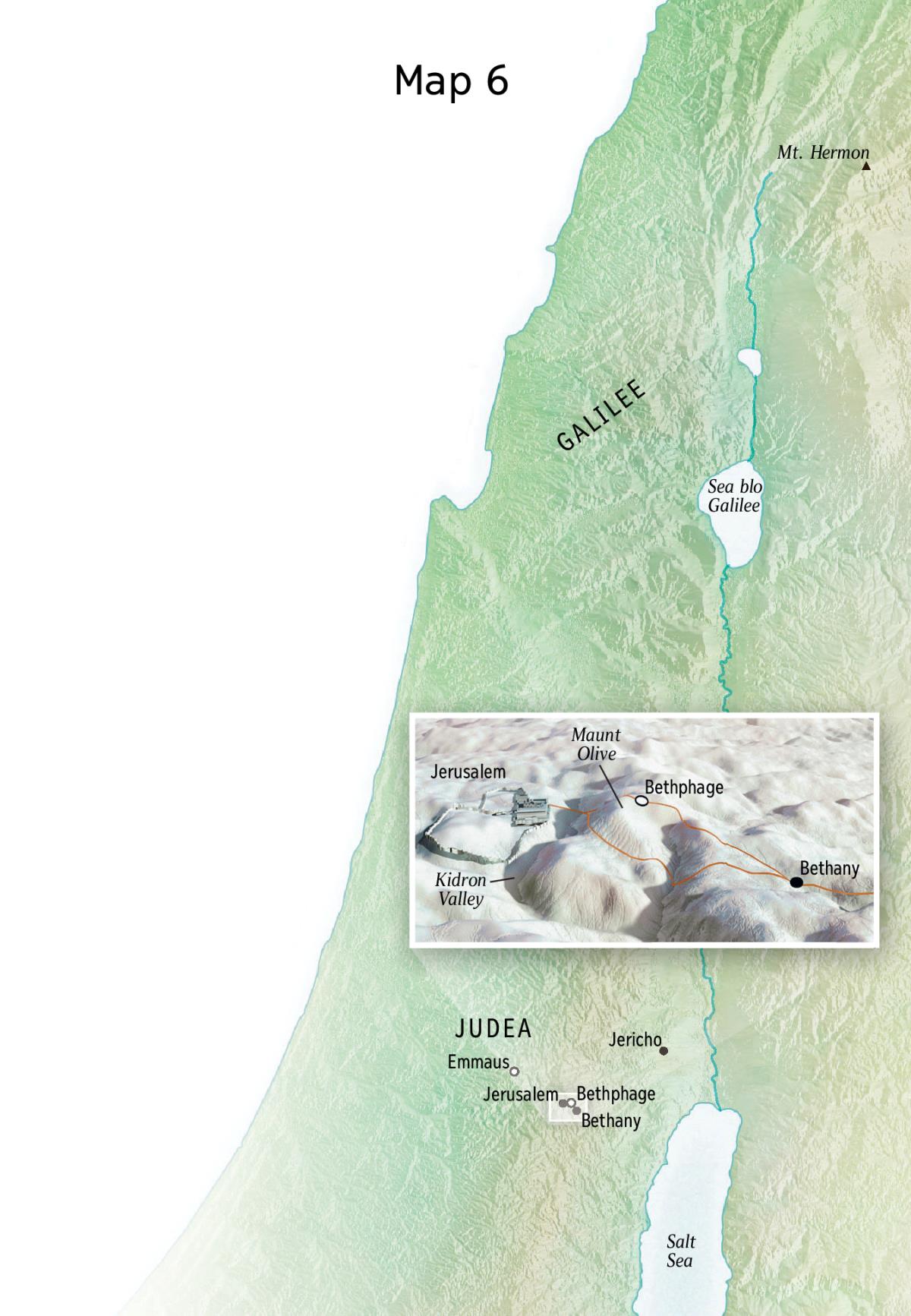 Map blo olketa ples wea Jesus duim ministry witim tu Jerusalem, Bethany, Bethphage, and Maunt Olive