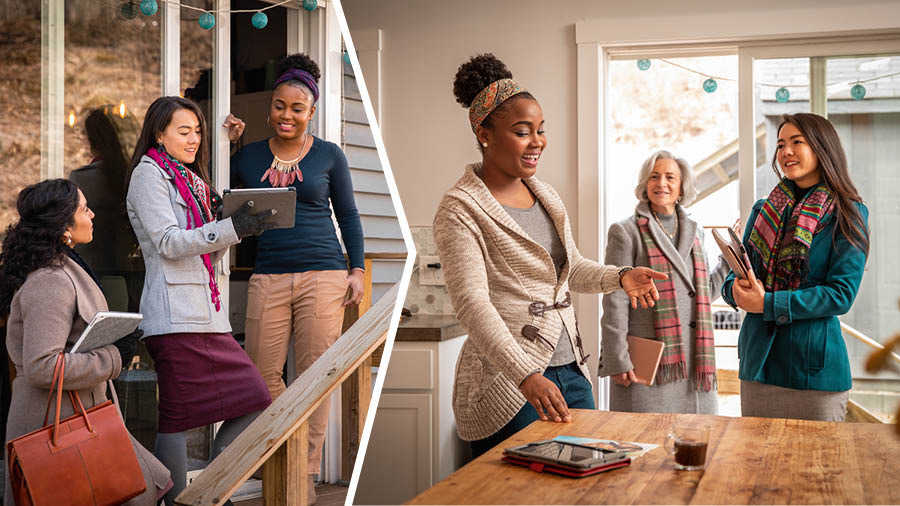 Olketa piksa: 1. Wanfala sista hem conductim Bible study witim wanfala woman lo front door. 2. Lo nara taem, datfala woman invaetem datfala sista insaed haos blo hem for tufala study.