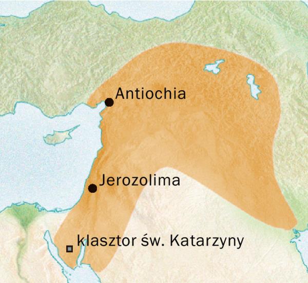 Mapa okolic Antiochii i Jerozolimy, gdzie posługiwano się językiem syryjskim