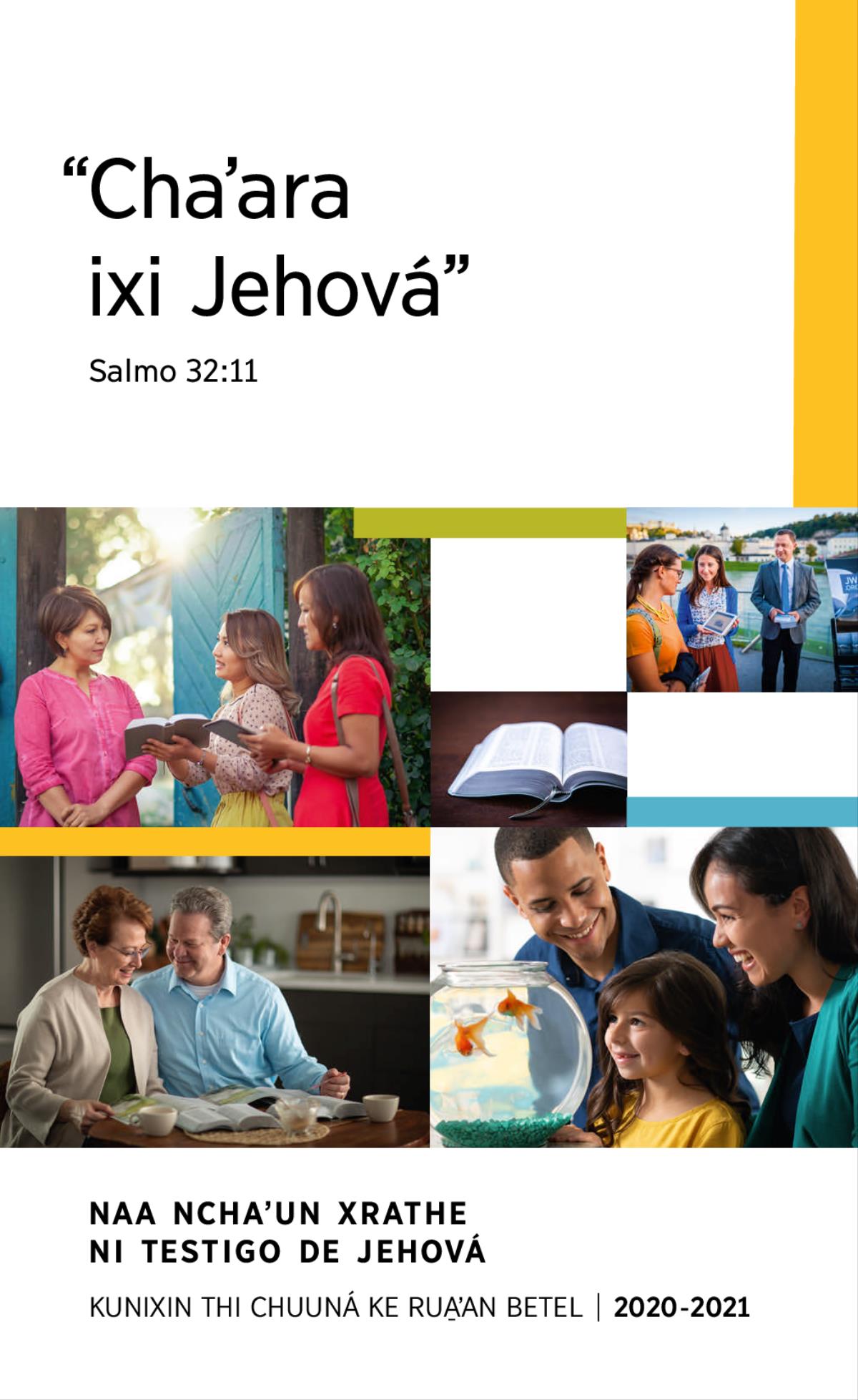 Tsje imagen: 1. Naa familia jitsjeʼe kuchee ko techeena. 2. Yuo ni testigo de Jehová tetjaguena naa nanita de Thee Dio ngai nchianduʼa. 3. Yuo ni tekaʼo chuo tangina de Thee Dio kunixin xruun ke dantsjena de Thee Ndo. 4. Naa Biblia. 5. Yuo ni tekaʼo chuo tetjaguena naa nanita naa video ngaa nthiʼa.