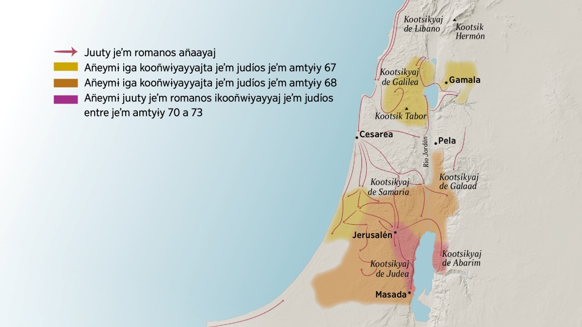 Mapa juuty kejpa weeñi kootsɨkyaj y tɨgan̈jujyaj de Israel jeʼm wiñtyipɨk siglo. Al norte de Jerusalén ityyaj jeʼm kootsɨkyaj de Líbano, de Galilea, de Samaria y de Galaad, jeʼm kootsɨk Hermón y jeʼm kootsɨk Tabor, y jeʼm tɨgan̈juj de Gamala, Cesarea y Pela. Al sur de Jerusalén ityyaj jeʼm kootsɨkyaj de Judea y de Abarim, y jeʼm tɨgan̈juj de Masada. Kejpatyim juuty jeʼm romanos an̈aayaj y jeʼm an̈eymɨ iga kooñwɨyayyajta jeʼm judíos entre jeʼm amtyɨy 67 a 73.