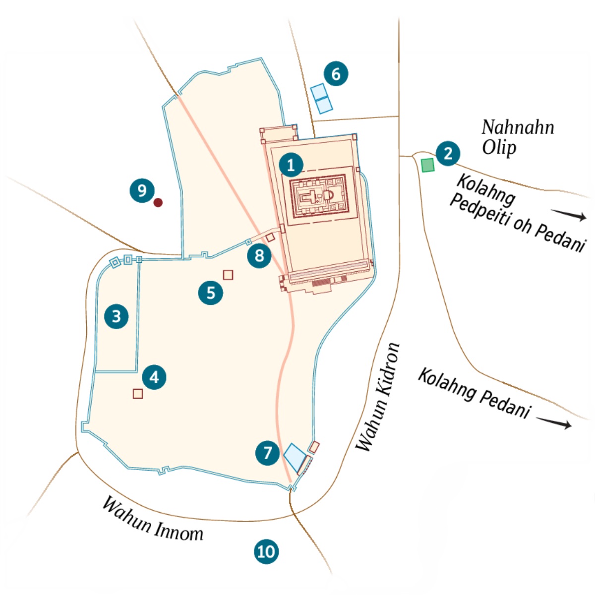 Map en Serusalem oh wasa me kapilpene. Kairekdien wasa kan me aramas ese oh wasa kan me kakete mie. 1. Tehnpas Sarawio. 2. Mwetuwel en Kedsemeni. 3. Tehnpas en Kepina. 4. Imwen Kaiapas. 5. Tehnpas me Erod Antipas kin mi ie. 6. Lepin Lehn Pedsehda. 7. Lepin Lehn Siloham. 8. Sanedrin. 9. Kolkoda. 10. Akeldama.
