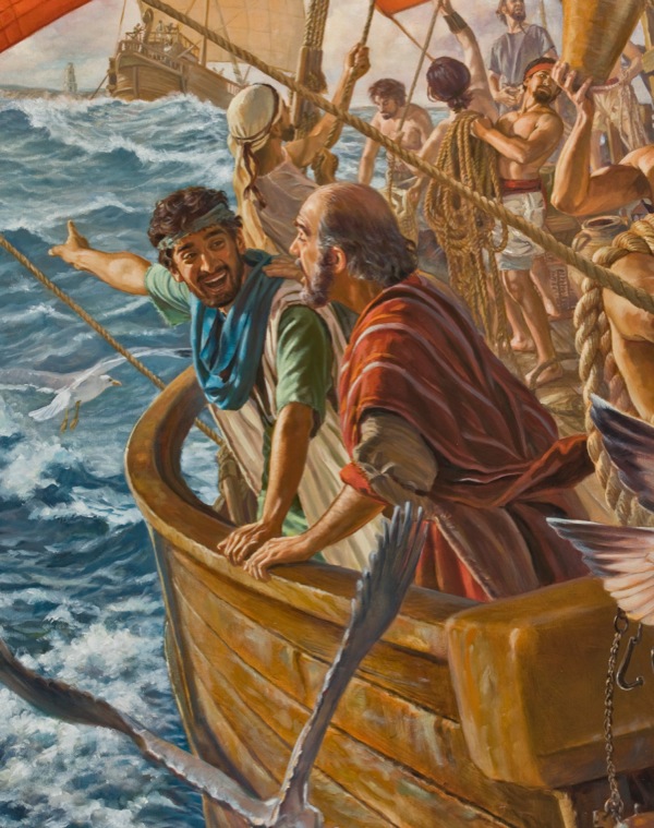 Timothy traveling with the apostle Paul on a boat