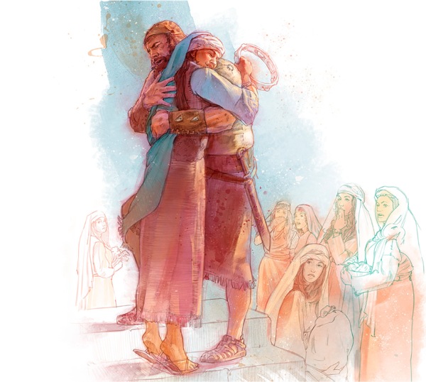 Jephthah, returning home from battle, embraces his daughter who has come out to meet him