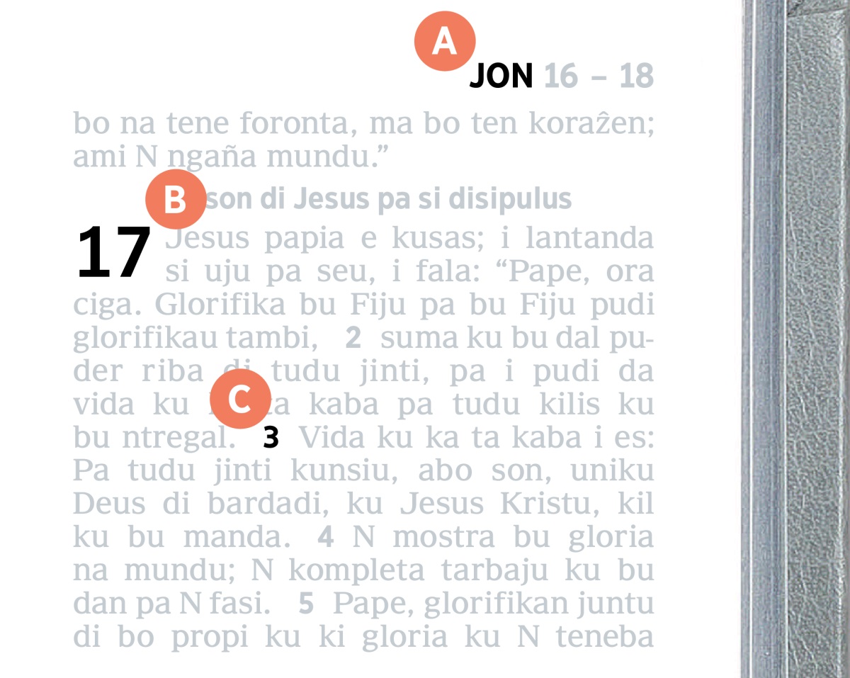 Liẑendas ku na mostra pontus A, B, ku C na un paẑina di Biblia.