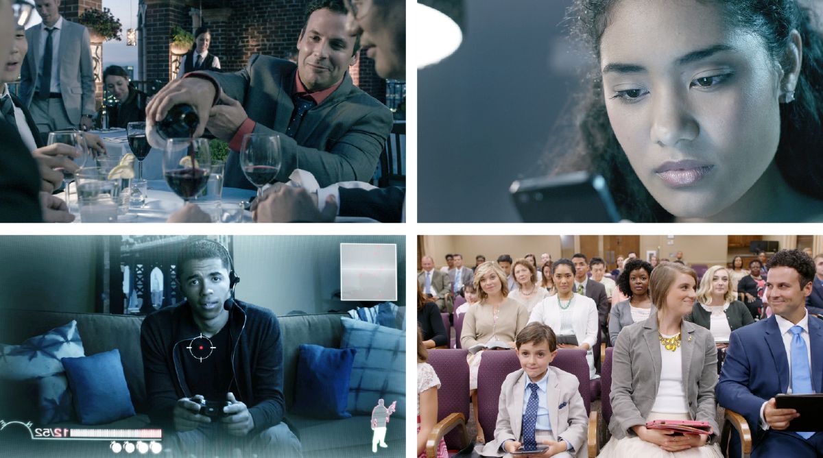 João na kua klientis viñu na restauranti; Kristin na jubi redi sosial; Jayden na juga video games na internet; João ku si familia, Kristin, ku Jayden sta na runion di kongregason