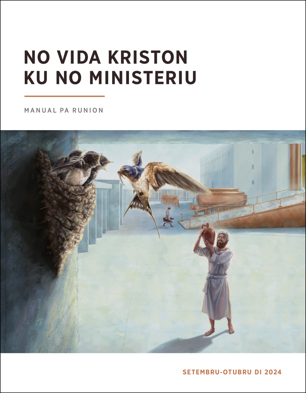 Un di fijus di Kora sta na kintal di templu i yalsa kabesa i na jubi andoriña ku fasi niñu riba.