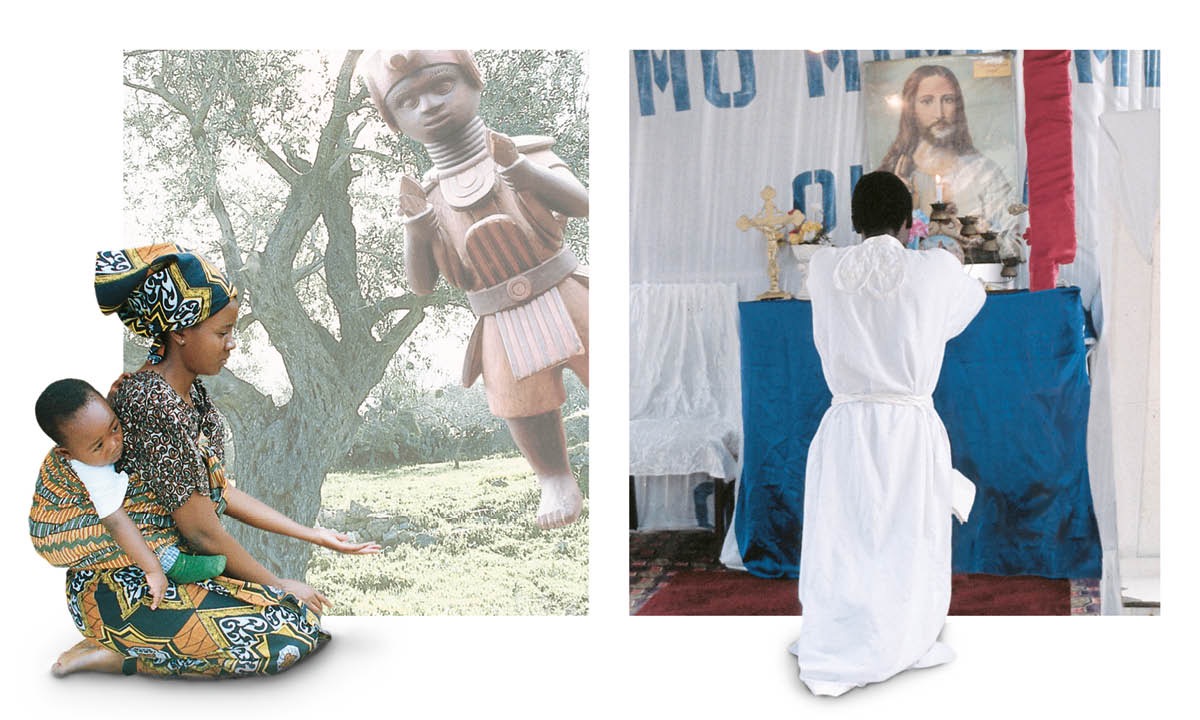 Un minjer finka juju dianti di un idulu; un omi finka juju dianti di un imaẑen