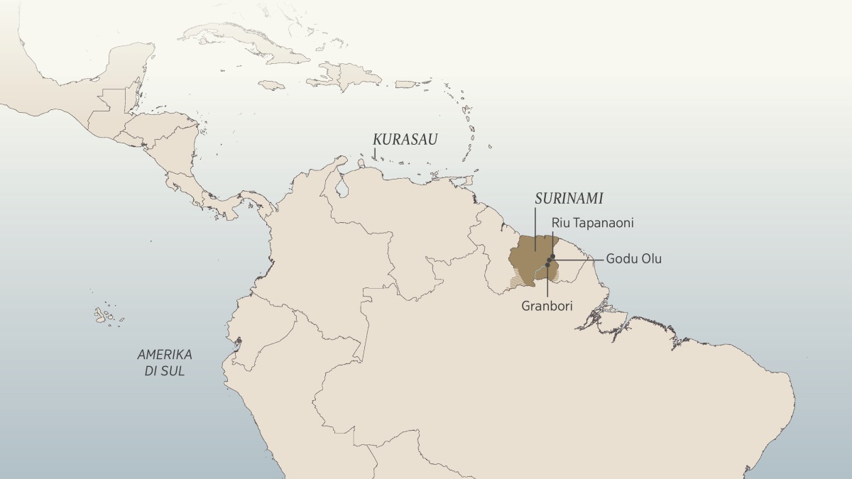 Un mapa di Amerika di Sul ku Karibi, sta na mostra alguns lugaris nunde ku Daniel van Marl mora i viaẑa: Kurasau, Surinami, Riu Tapanaoni, Godu Olu ku Tabanka di Granbori.