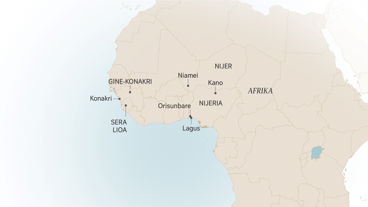 Un mapa di Afrika Osidental sta na mostra kaus ku Israel Itajobi mora i sirbi: Konakri, Gine-Konakri; Sera Lioa; Niamei, Nijer; Kano, Orisunbare ku Lagus, na Nijeria.