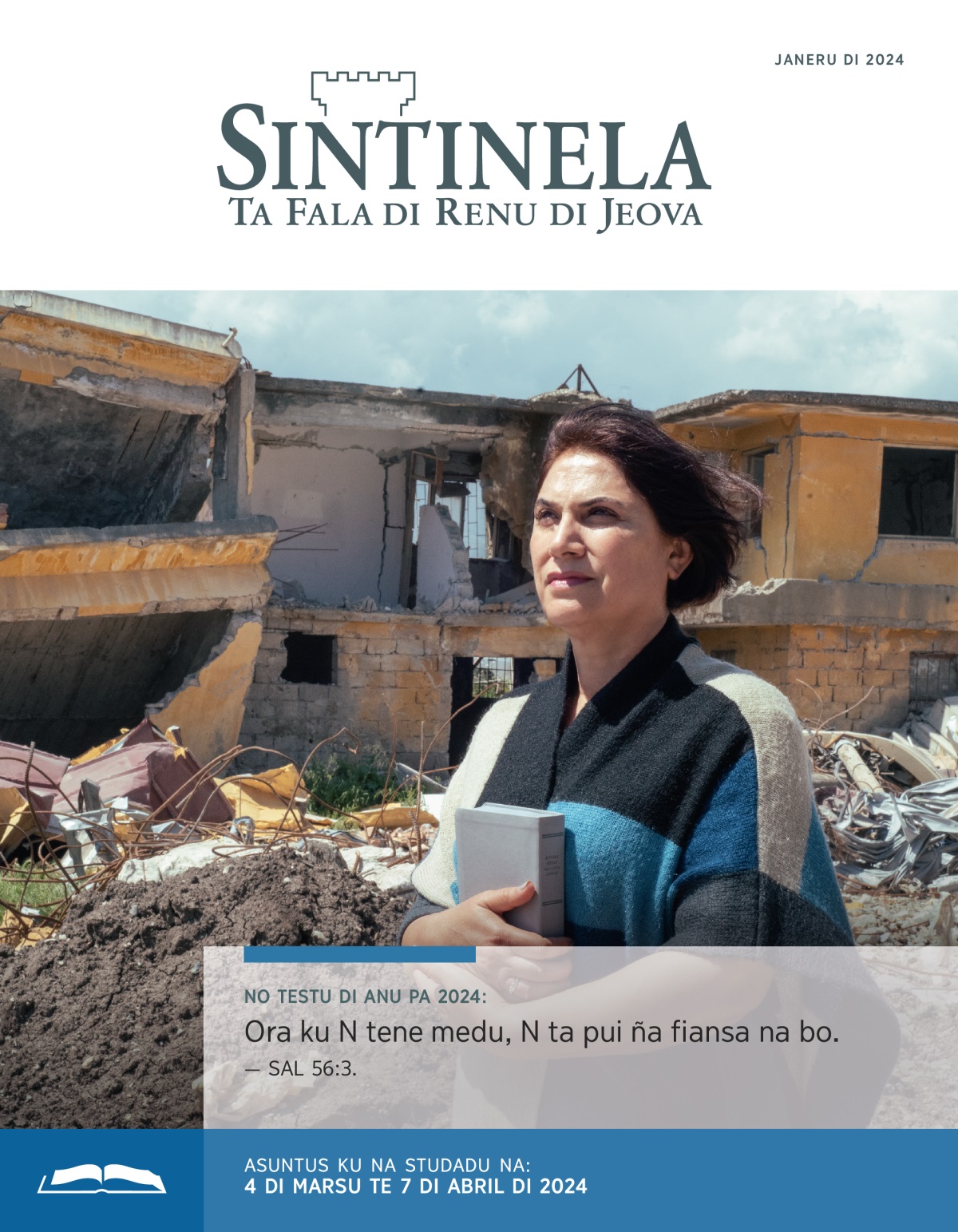 Un irma pega Biblia i firma ku konfiansa dianti di kasa ku danadu na un disastri.