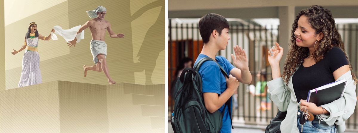 Diseñu ku foto: 1. José sta na kuri di minjer di Potifar, nkuantu kila pega si ropa na mon. 2. Un ermon joven nega provokason di un bajuda na skola.