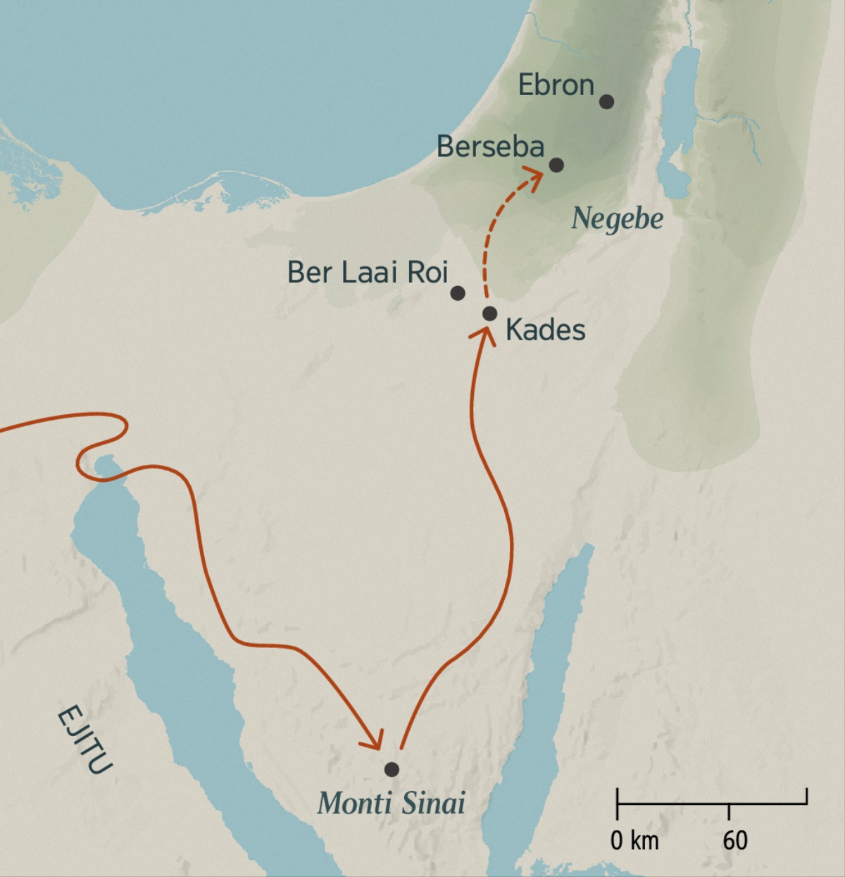 Un mapa ku na mostra bias lunju di Iisraelitas di Ejitu pa Kades atraves di monti Sinai suma tambi bias kurtu ke fasi di Kades pa Berseba i di Ebron pa Tera di Purmesa.