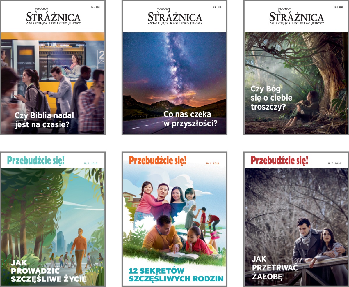 Kolaż: Okładki wydań „Strażnicy” i „Przebudźcie się!” z 2018 roku. 1. „Czy Biblia nadal jest na czasie?” 2. „Co nas czeka w przyszłości?” 3. „Czy Bóg się o ciebie troszczy?” 4. „Jak prowadzić szczęśliwe życie” 5. „12 sekretów szczęśliwych rodzin” 6. „Jak przetrwać żałobę”