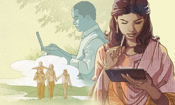 A woman and a man each reading the Bible; a happy family enjoying time outdoors together
