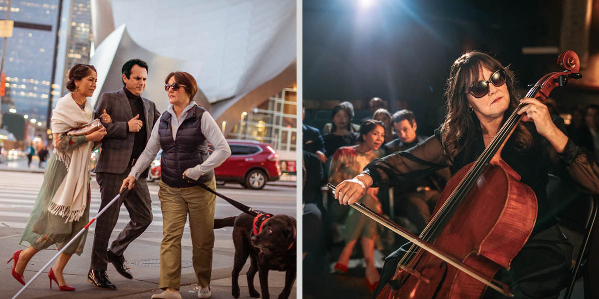 Collage: 1. A couple in a hurry are annoyed that a blind woman cuts them off on the street as they walk. 2. Later on, the same couple admire the blind woman who plays a cello at a concert.