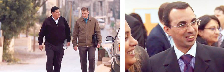 Collage: 1. An Arab man and another man walk and talk to each other. 2. A Jewish man smiles in the company of friends.