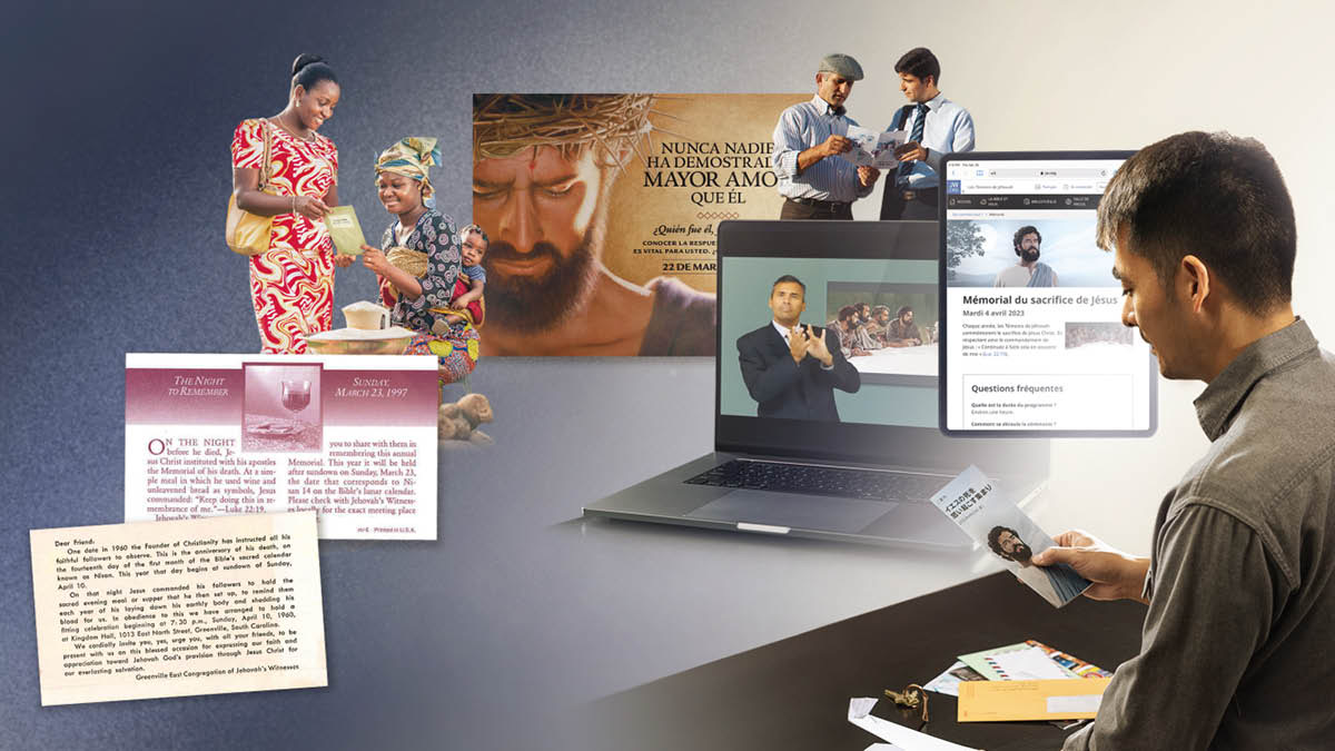 A man holding a Memorial invitation that he received in the mail. Collage: 1. Publishers from different parts of the world offering the Memorial invitation. 2. Printed and electronic editions of Memorial invitations from the 1960’s to the present in various languages, including sign language.
