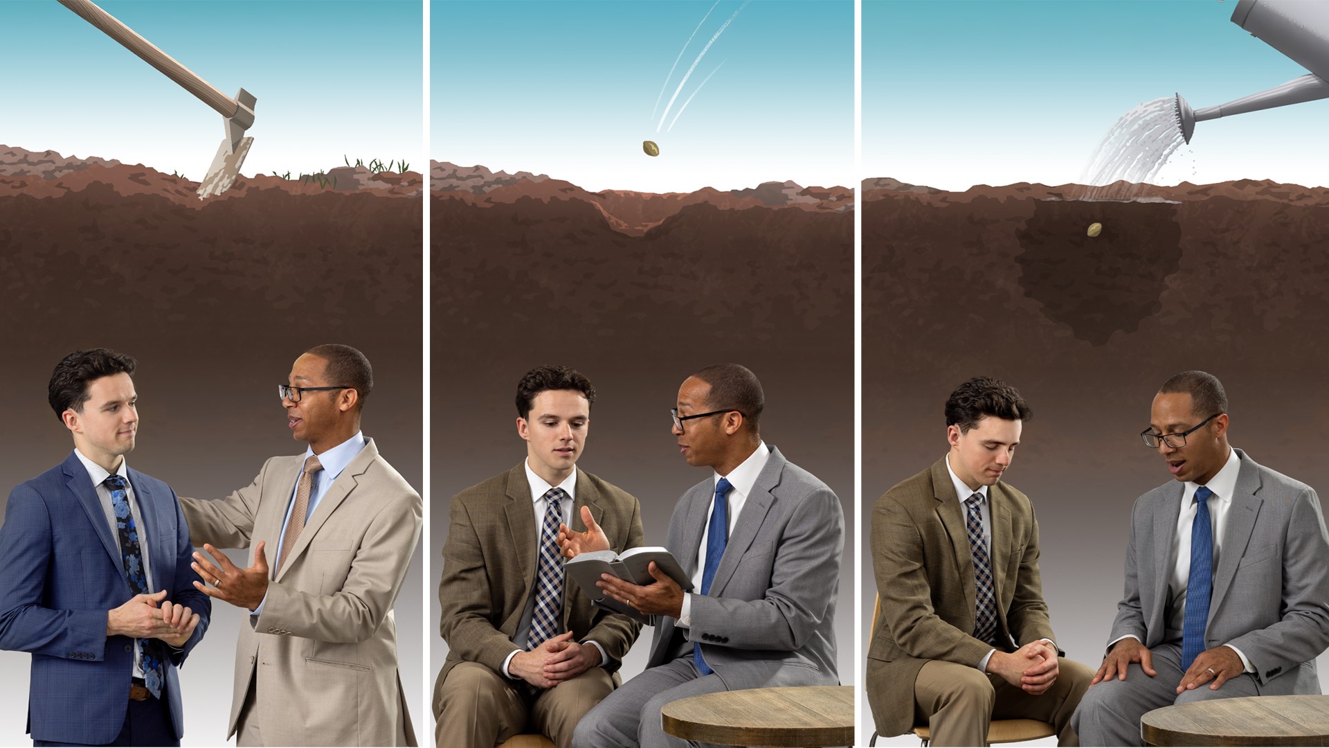Scenes comparing an elder giving counsel to a brother with a farmer planting a seed in hardened soil. 1. Prepare the ground: The farmer tills the soil; the elder speaks warmly to the brother. 2. Plant: The farmer places a seed in the tilled soil; the elder uses the Bible to reason with the brother. 3. Water: The farmer waters the planted seed; the elder prays with the brother.