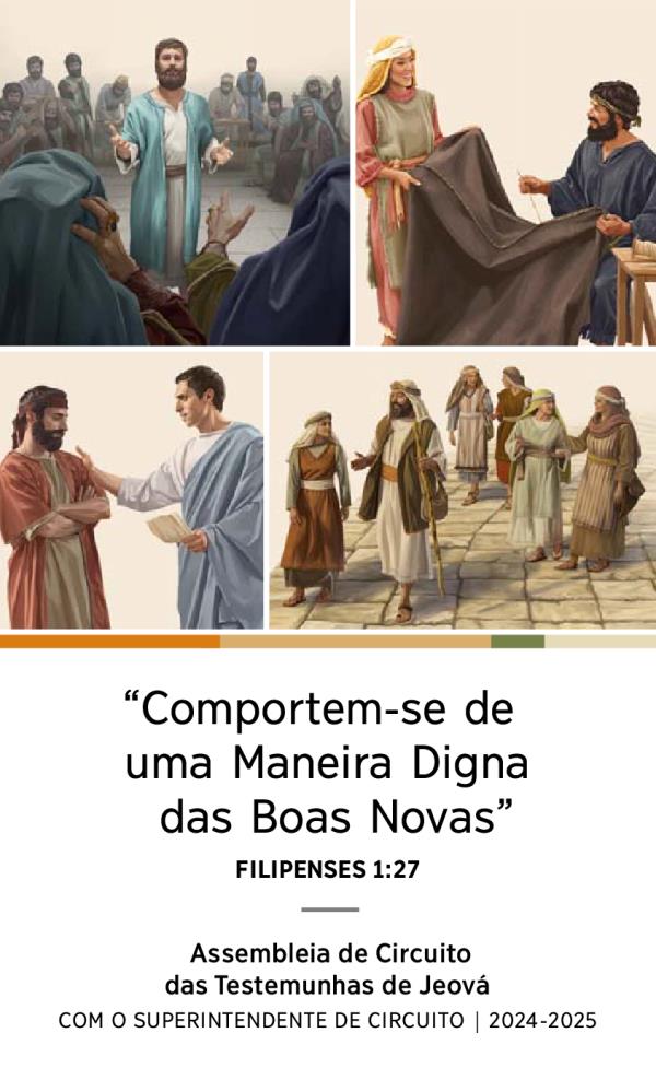Conjunto de imagens: 1. Estêvão defendendo sua fé diante do Sinédrio. 2. Áquila e Priscila fazendo tendas juntos. 3. Filipe, sua esposa e as quatro filhas deles caminhando em uma estrada. 4. Tito conversando com um ancião.