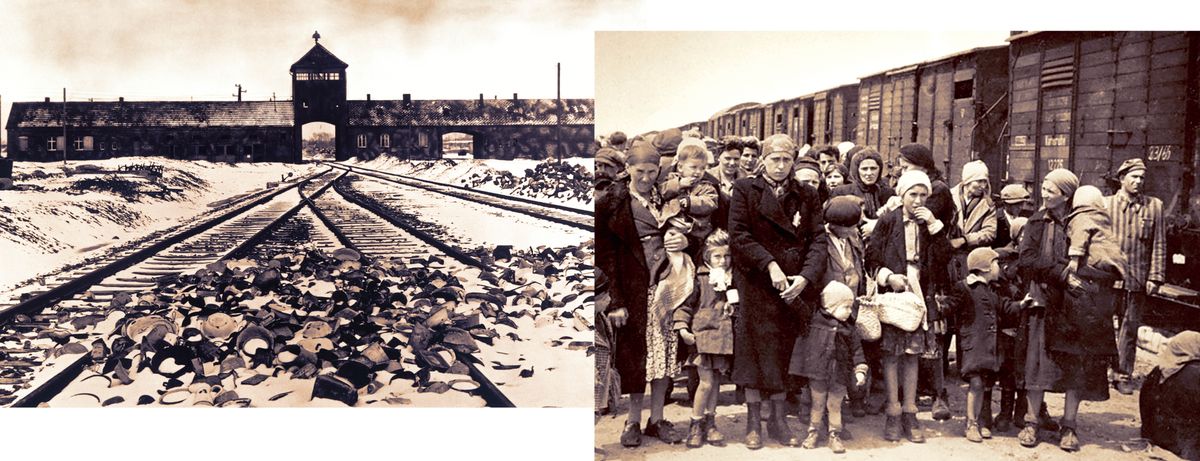 Conjunto de imagens: 1. Trilhos de trem que levavam ao campo de concentração de Auschwitz. 2. Um grupo de mulheres e crianças em pé ao lado de um vagão em Auschwitz.