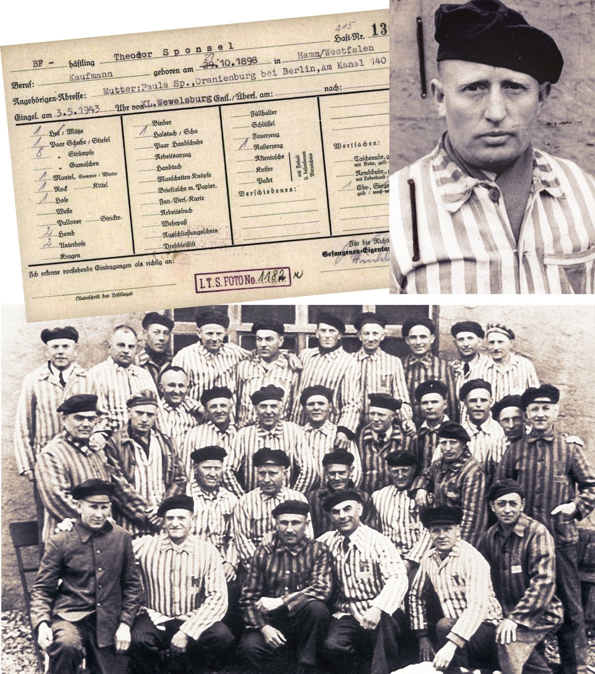 Conjunto de imagens: 1. Cartão de prisioneiro de Theodor Sponsel. 2. Theodor Sponsel usando o uniforme do campo de concentração. 3. Um grupo de Testemunhas de Jeová após serem libertadas de um campo de concentração.