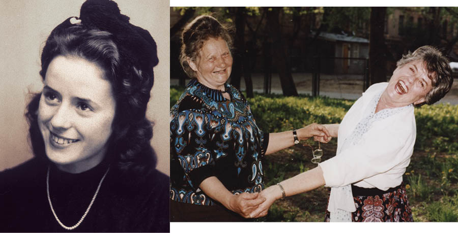 Conjunto de imagens: 1. Hermine Schmidt quando era jovem. 2. Anastasia Kazak e Hermine felizes quando se reencontraram.