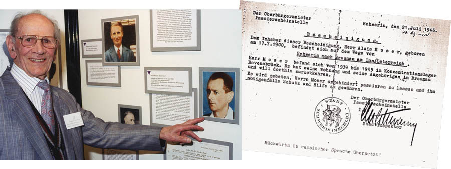 Conjunto de imagens: 1. Alois Moser em uma homenagem aos que foram perseguidos. 2. A autorização que permitia a Alois voltar para casa.