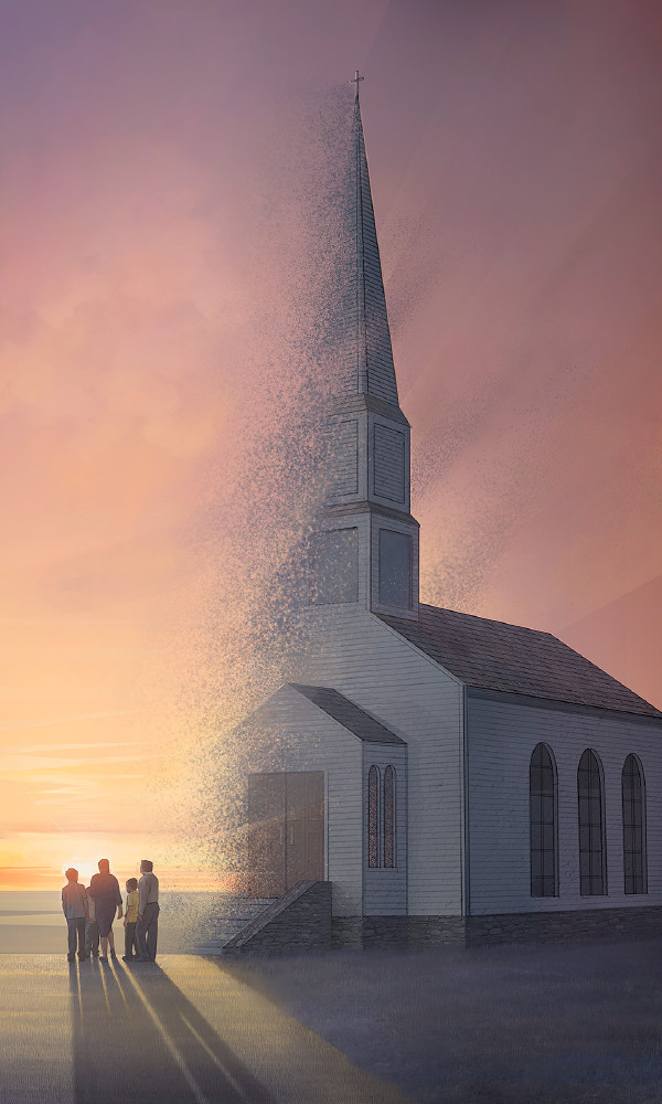 Uma família do lado de fora de uma igreja que está fechada
