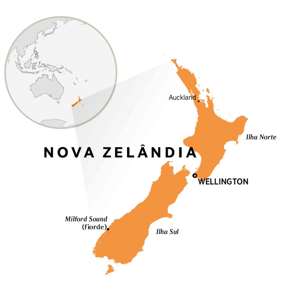 Um mapa-múndi mostrando a Nova Zelândia