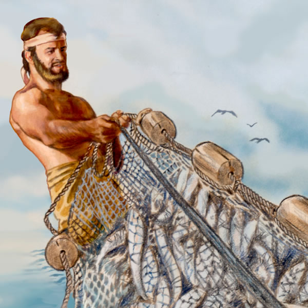 Um pescador puxa uma rede de arrasto cheia de peixes