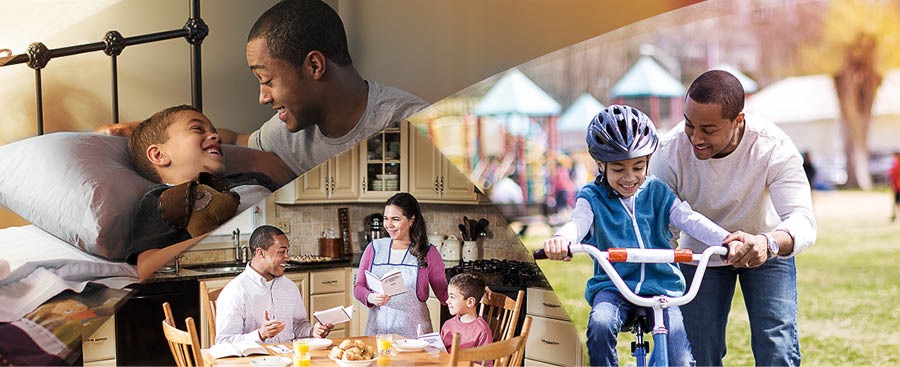 Montagem: Um pai cuidando da família dele de várias maneiras. 1. Conversando com o filho antes de dormir. 2. Considerando o texto diário com o filho e a esposa. 3. Ensinando seu filho a andar de bicicleta.