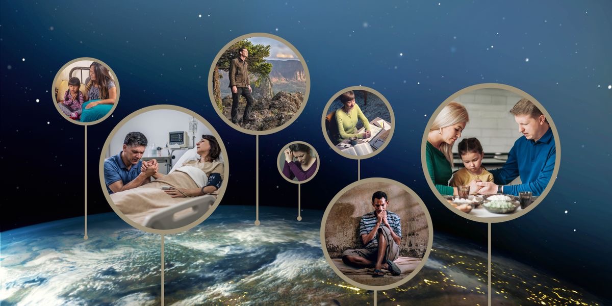 Conjunto de imagens: Irmãos e irmãs ao redor do mundo orando. 1. Uma menina ao lado na mãe antes de dormir. 2. Um marido com sua esposa, que está em uma cama de hospital. 3. Um irmão fazendo caminhada. 4. Uma irmã angustiada. 5. Uma irmã se preparando para estudar. 6. Um irmão em um país pobre. 7. Pais com uma filha jovem antes de uma refeição.